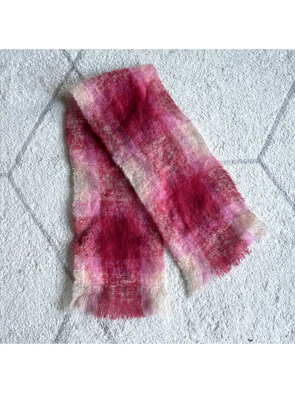 Vintage 60s Nethy Scotland Mohair Wool Scarf Pink Burgundy Plaid Fuzzy Fringe